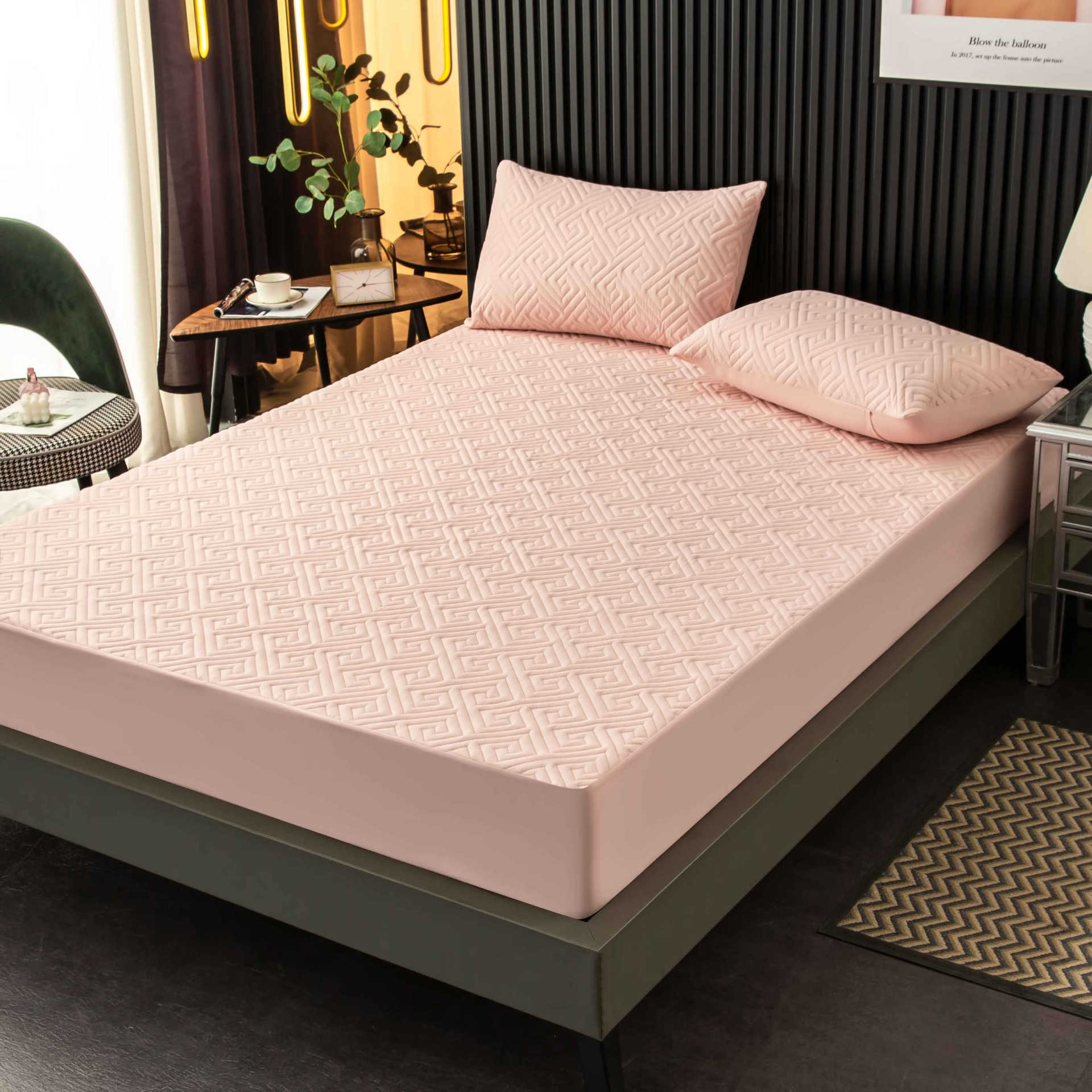 Washed Brushed Quilted Waterproof Fitted Sheet – Soft, Breathable & 360° Mattress Protection with Geometric Maze Quilted Design