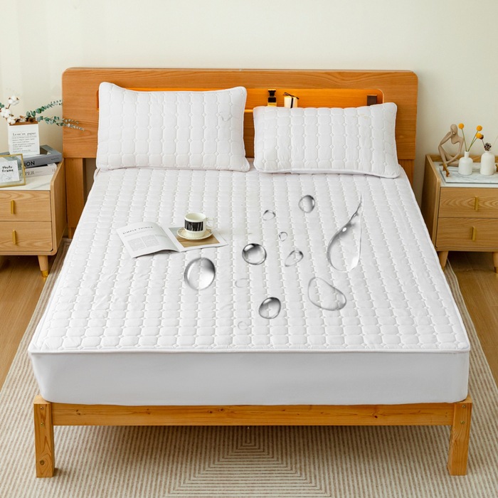 Washed Brushed Quilted Waterproof Fitted Sheet with Heart Checkered Design – Soft, Breathable & 360° Mattress Protection