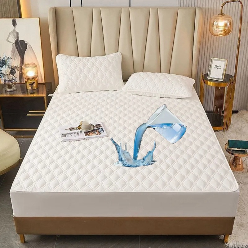 Washed Brushed Quilted Waterproof Fitted Sheet with Double Diamond Stitching – Soft, Breathable & 360° Mattress Protection