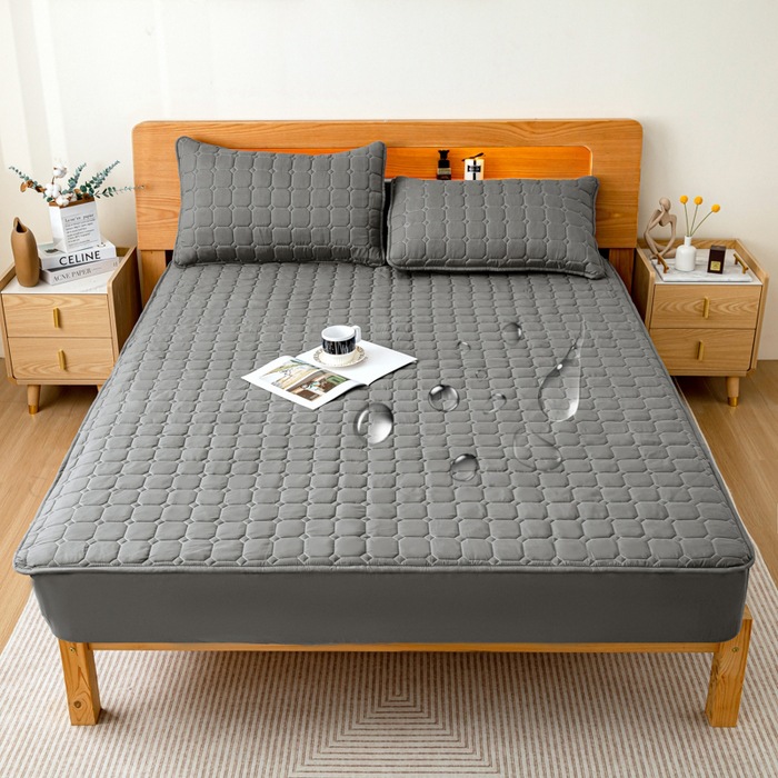 Washed Brushed Quilted Waterproof Fitted Sheet with Heart Checkered Design – Soft, Breathable & 360° Mattress Protection