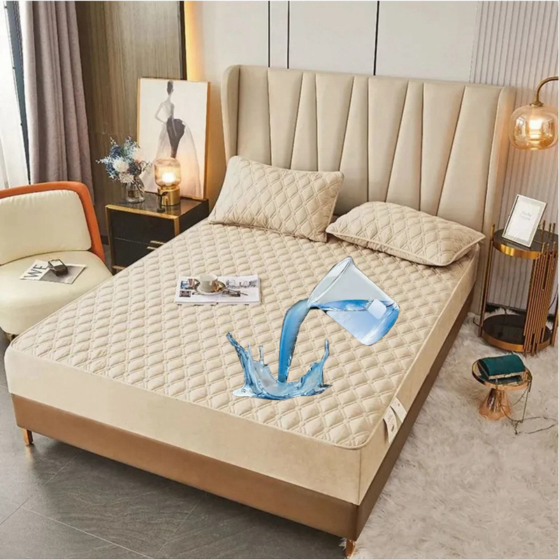 Washed Brushed Quilted Waterproof Fitted Sheet with Double Diamond Stitching – Soft, Breathable & 360° Mattress Protection