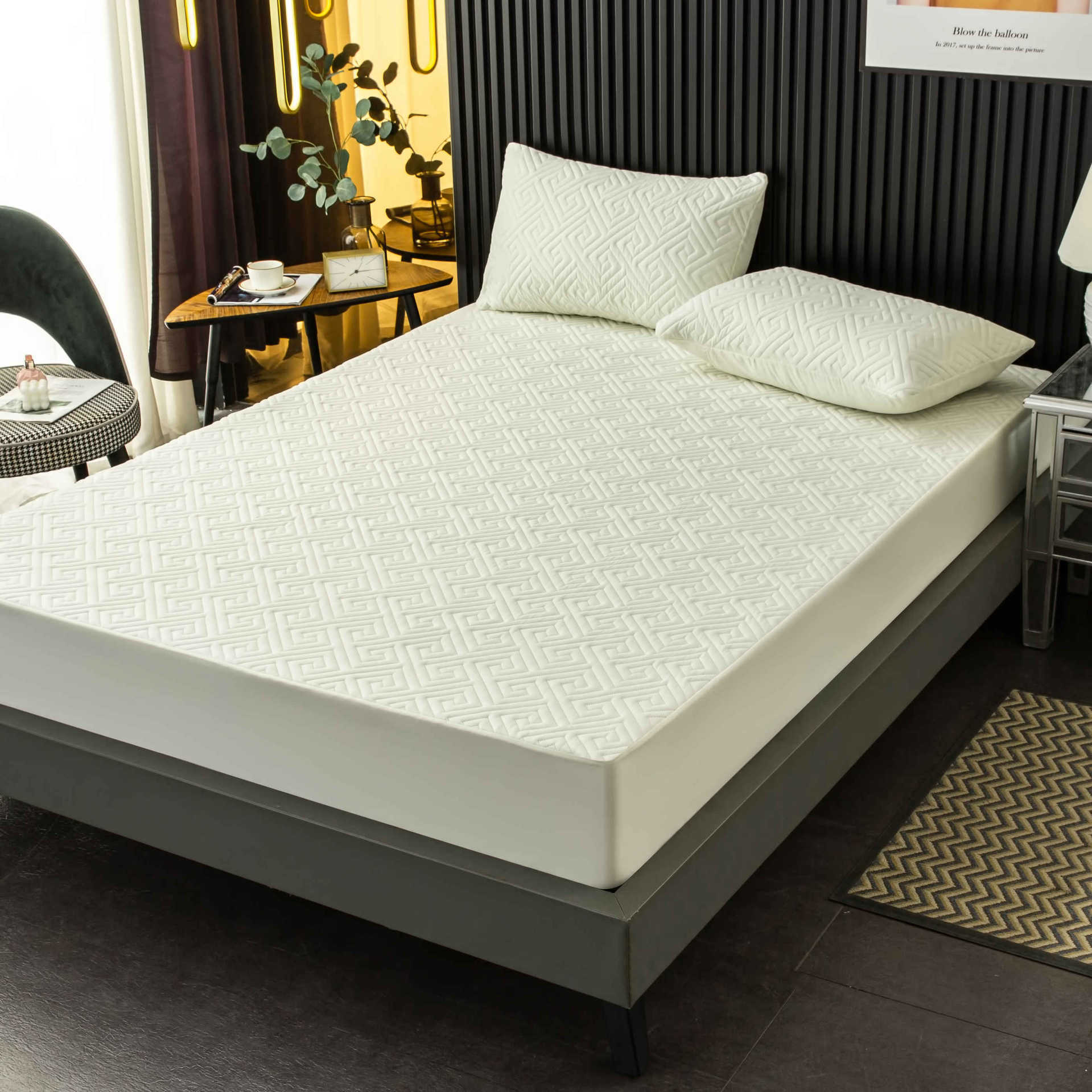 Washed Brushed Quilted Waterproof Fitted Sheet – Soft, Breathable & 360° Mattress Protection with Geometric Maze Quilted Design