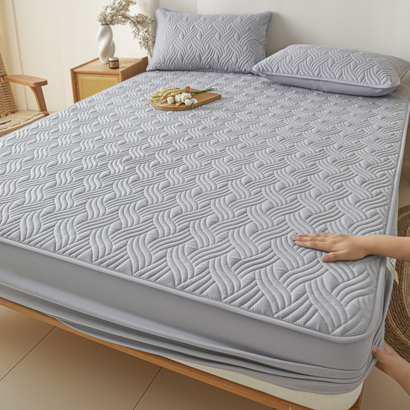 Washed Brushed Quilted Anti-Slip Waterproof Fitted Sheet with Rippled Design – Soft, Breathable & 360° Mattress Protection