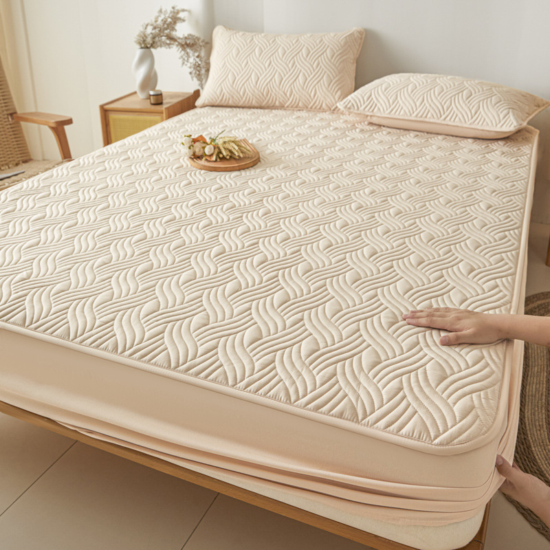Washed Brushed Quilted Anti-Slip Waterproof Fitted Sheet with Rippled Design – Soft, Breathable & 360° Mattress Protection