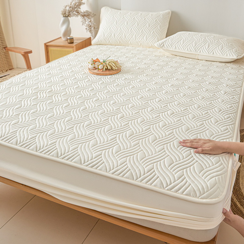 Washed Brushed Quilted Anti-Slip Waterproof Fitted Sheet with Rippled Design – Soft, Breathable & 360° Mattress Protection