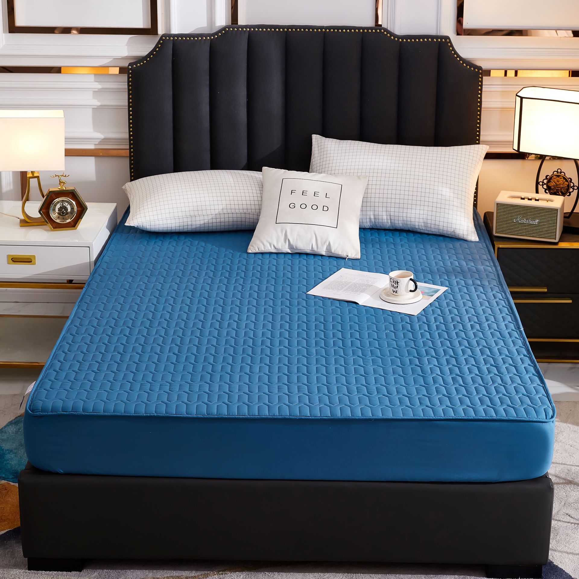 Washed Brushed Quilted Waterproof Fitted Sheet with Bamboo Ribbed Design – Soft, Breathable & 360° Mattress Protection