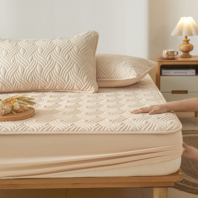 Washed Brushed Quilted Anti-Slip Waterproof Fitted Sheet with Rippled Design – Soft, Breathable & 360° Mattress Protection