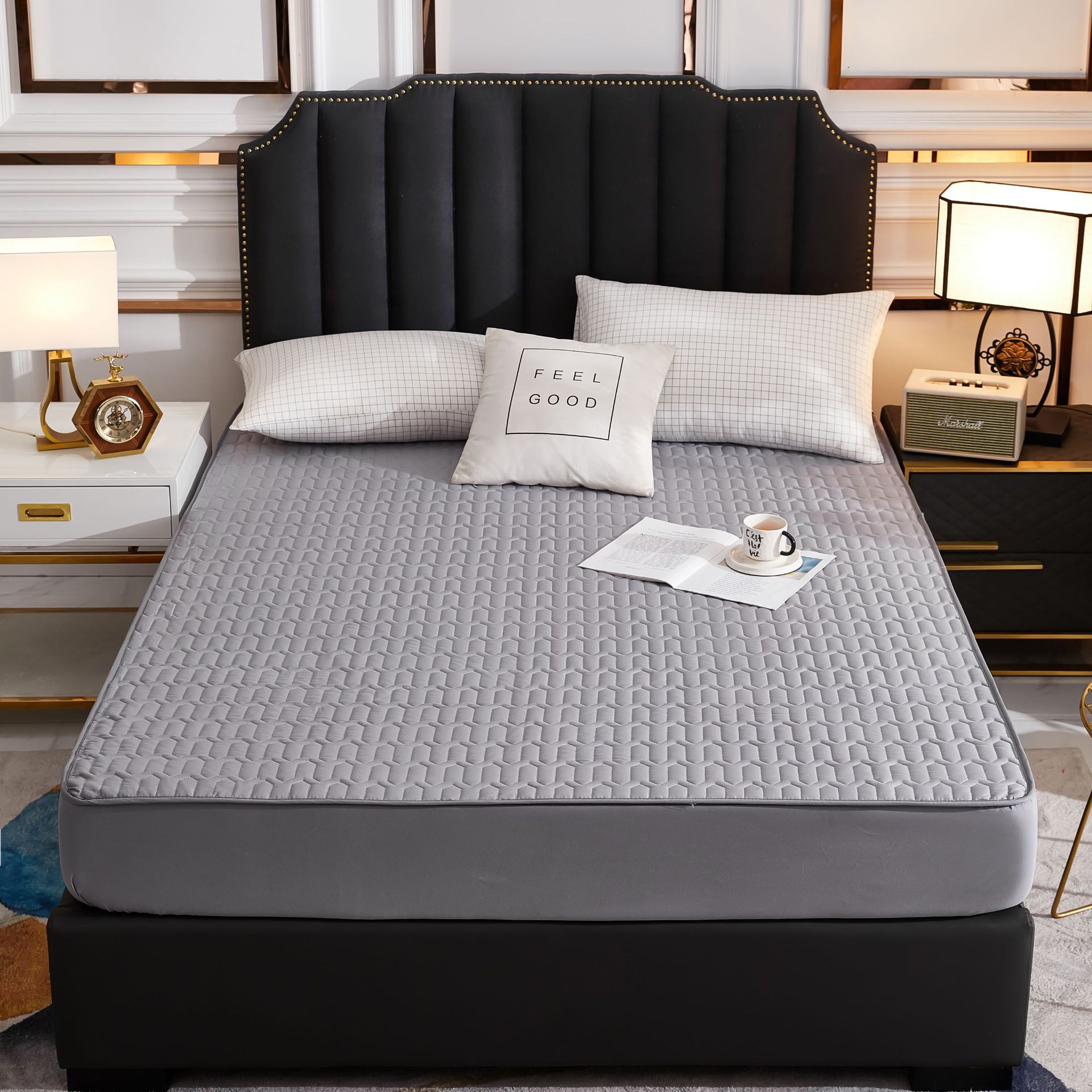 Washed Brushed Quilted Waterproof Fitted Sheet with Bamboo Ribbed Design – Soft, Breathable & 360° Mattress Protection