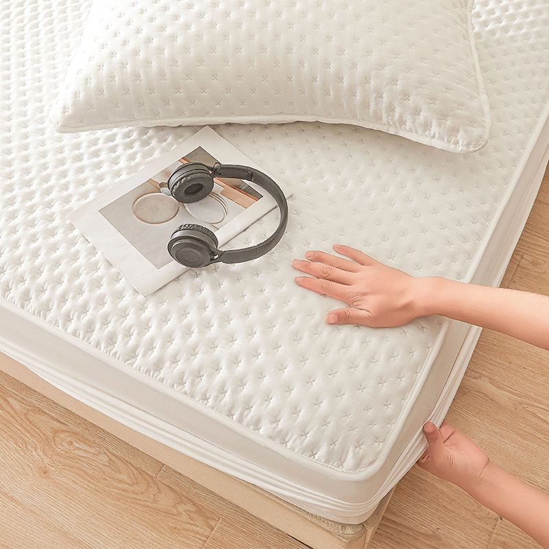 Washed Brushed Quilted Waterproof Fitted Sheet with Cross-Star Design – Soft, Breathable & 360° Mattress Protection
