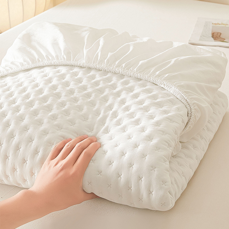 Washed Brushed Quilted Waterproof Fitted Sheet with Cross-Star Design – Soft, Breathable & 360° Mattress Protection