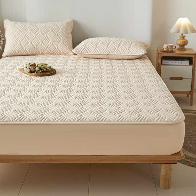 Washed Brushed Quilted Anti-Slip Waterproof Fitted Sheet with Rippled Design – Soft, Breathable & 360° Mattress Protection