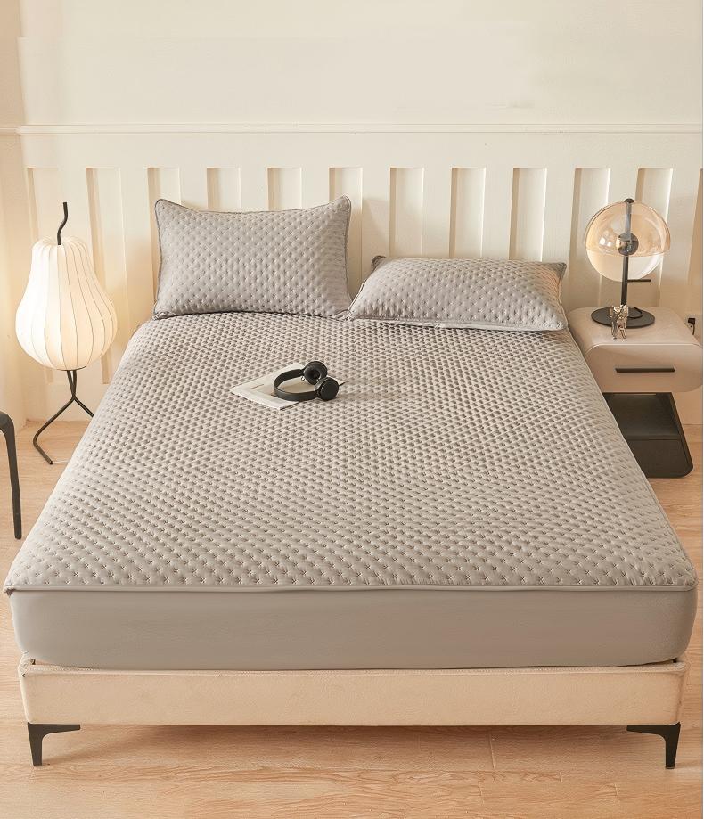 Washed Brushed Quilted Waterproof Fitted Sheet with Cross-Star Design – Soft, Breathable & 360° Mattress Protection