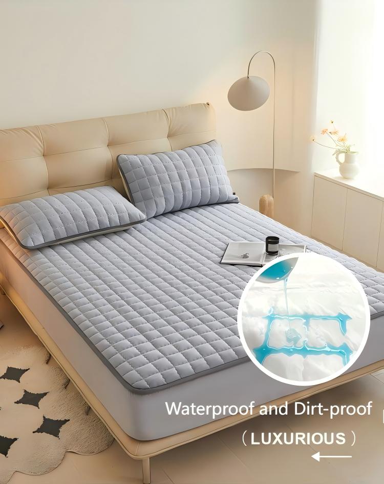 Washed Brushed Quilted Waterproof Fitted Sheet – Soft, Breathable & 360° Mattress Protection with Square Wave Stitch Design