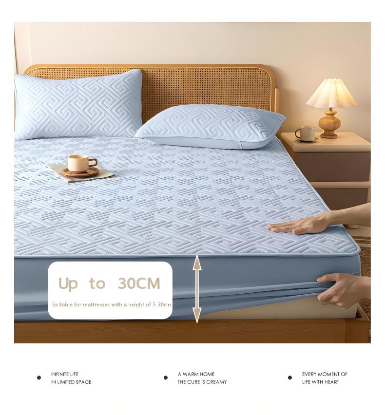 Washed Brushed Quilted Waterproof Fitted Sheet – Soft, Breathable & 360° Mattress Protection with Geometric Maze Quilted Design