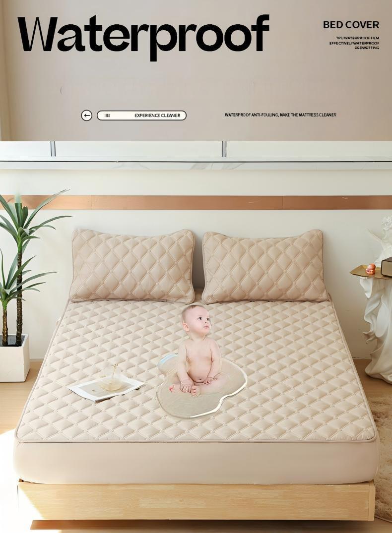 Washed Brushed Quilted Waterproof Fitted Sheet with Double Diamond Stitching – Soft, Breathable & 360° Mattress Protection