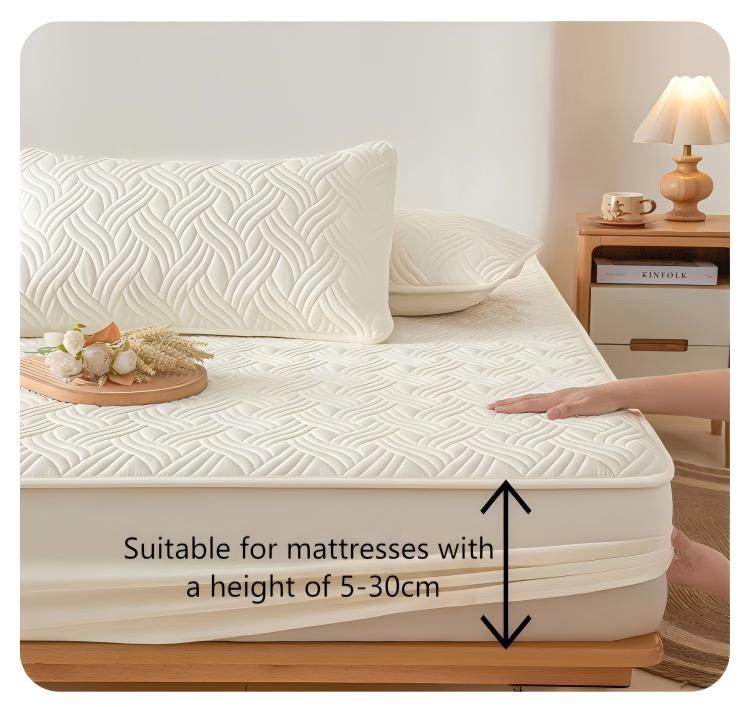 Washed Brushed Quilted Anti-Slip Waterproof Fitted Sheet with Rippled Design – Soft, Breathable & 360° Mattress Protection