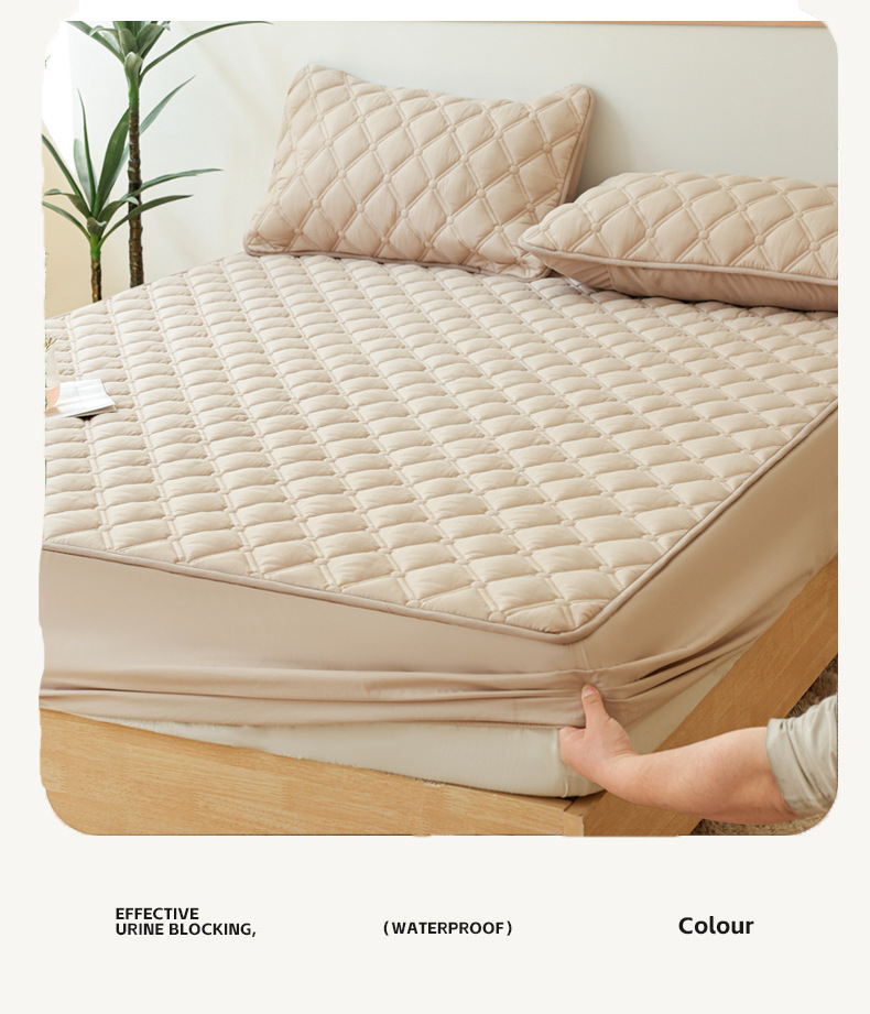 Washed Brushed Quilted Waterproof Fitted Sheet with Double Diamond Stitching – Soft, Breathable & 360° Mattress Protection