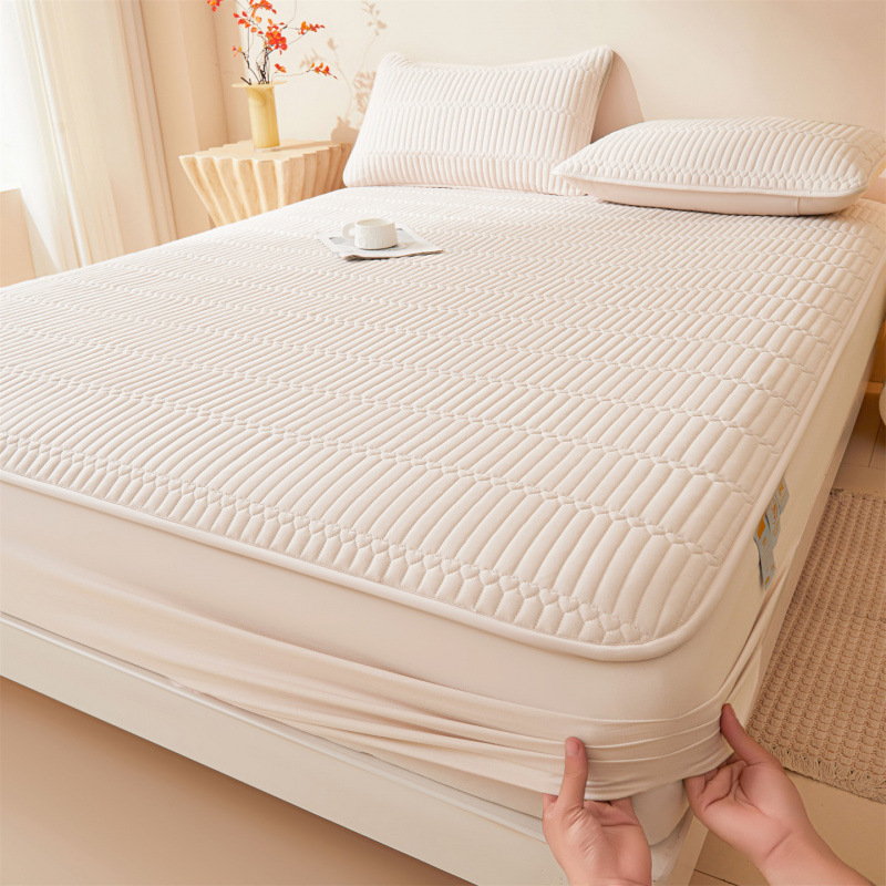 Washed Brushed Quilted Waterproof Fitted Sheet with Parallel Stripe Design – Soft, Breathable, Anti-Slip & 360° Mattress Protection