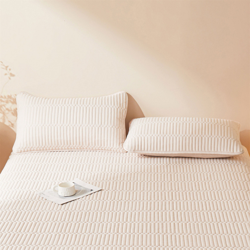 Washed Brushed Quilted Waterproof Fitted Sheet with Parallel Stripe Design – Soft, Breathable, Anti-Slip & 360° Mattress Protection