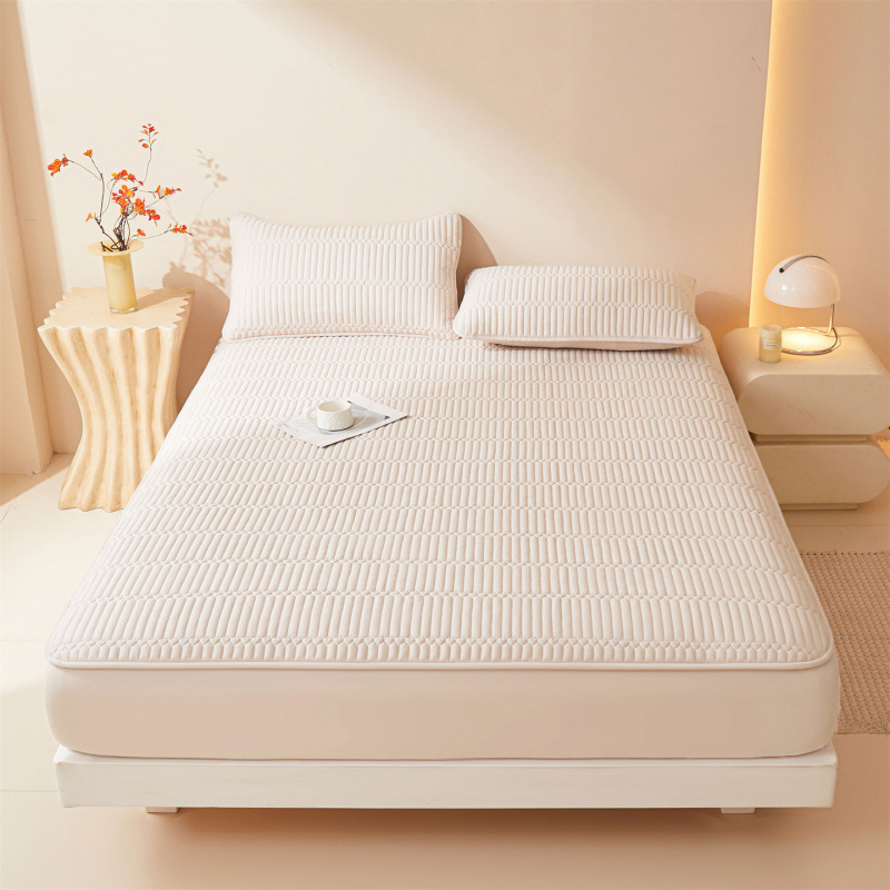 Washed Brushed Quilted Waterproof Fitted Sheet with Parallel Stripe Design – Soft, Breathable, Anti-Slip & 360° Mattress Protection