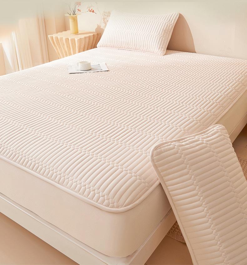 Washed Brushed Quilted Waterproof Fitted Sheet with Parallel Stripe Design – Soft, Breathable, Anti-Slip & 360° Mattress Protection
