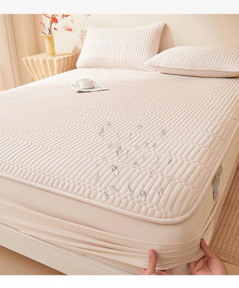 Washed Brushed Quilted Waterproof Fitted Sheet with Parallel Stripe Design – Soft, Breathable, Anti-Slip & 360° Mattress Protection