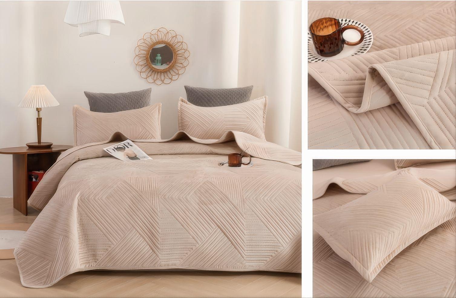 Crystal Velvet Quilted Bedspread Set with Interwoven Diamond Ultrasonic Design – Soft, Breathable & Easy-Care 3-Piece Bedding Set