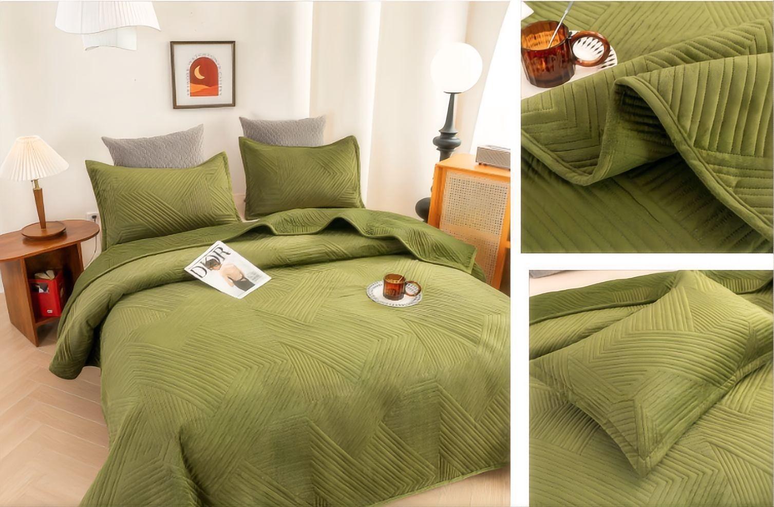 Crystal Velvet Quilted Bedspread Set with Interwoven Diamond Ultrasonic Design – Soft, Breathable & Easy-Care 3-Piece Bedding Set