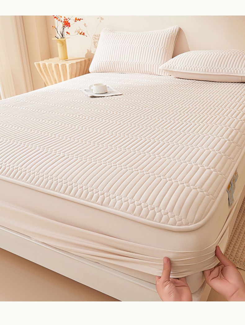 Washed Brushed Quilted Waterproof Fitted Sheet with Parallel Stripe Design – Soft, Breathable, Anti-Slip & 360° Mattress Protection