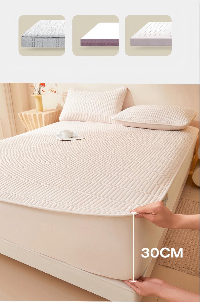 Washed Brushed Quilted Waterproof Fitted Sheet with Parallel Stripe Design – Soft, Breathable, Anti-Slip & 360° Mattress Protection