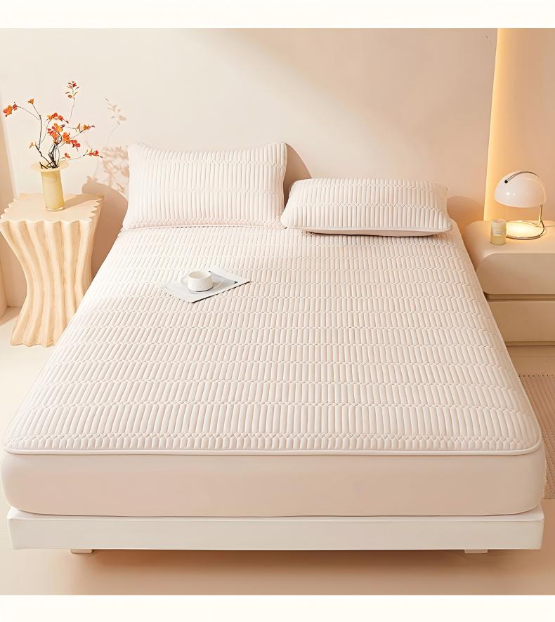 Washed Brushed Quilted Waterproof Fitted Sheet with Parallel Stripe Design – Soft, Breathable, Anti-Slip & 360° Mattress Protection