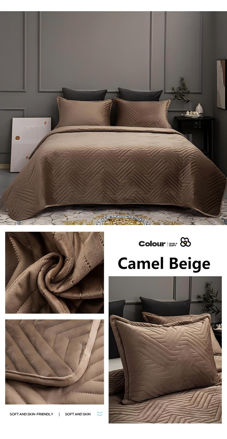 Crystal Velvet Quilted Bedspread Set with Geometric Wave Ultrasonic Design – Soft, Breathable & Easy-Care 3-Piece Bedding Set