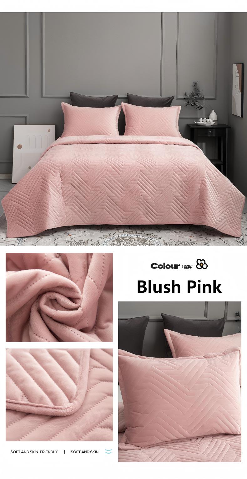 Crystal Velvet Quilted Bedspread Set with Geometric Wave Ultrasonic Design – Soft, Breathable & Easy-Care 3-Piece Bedding Set