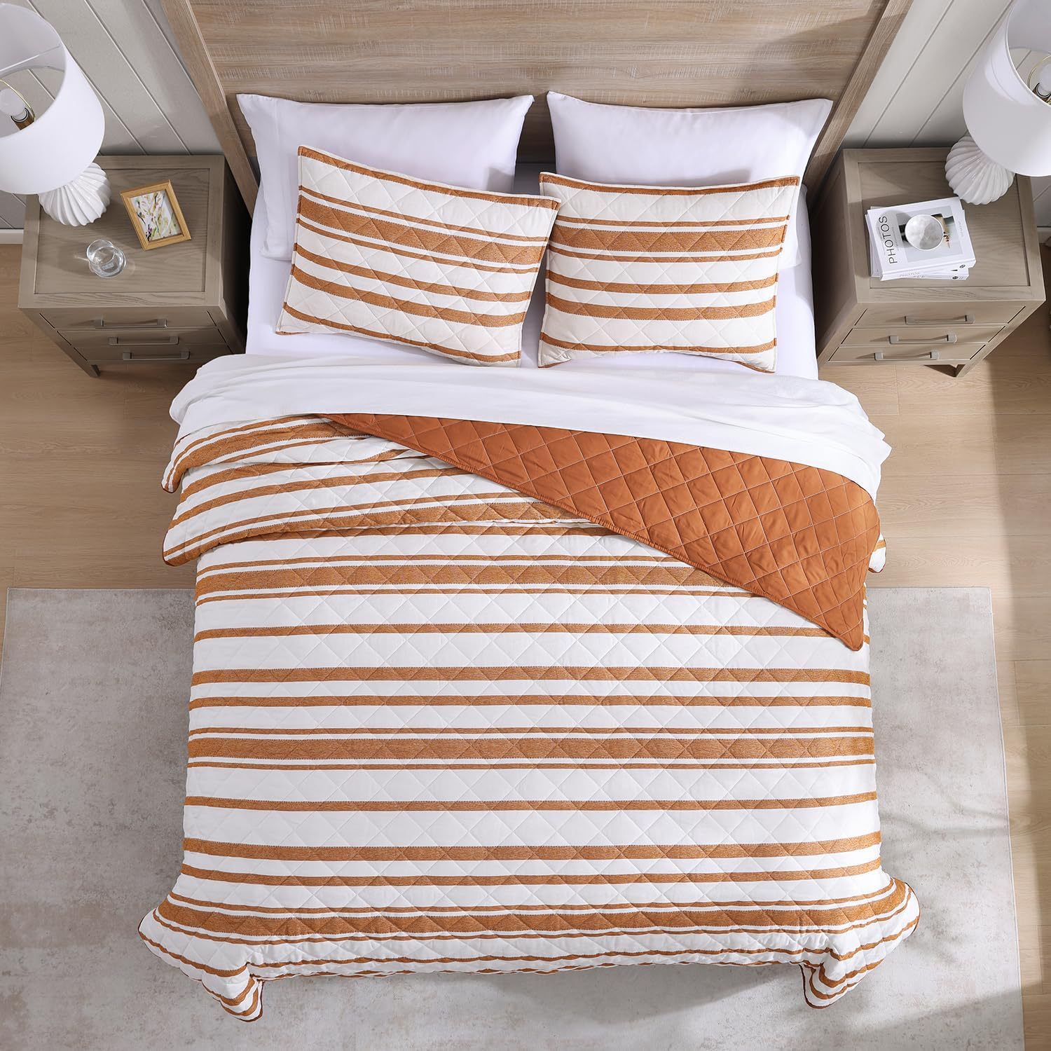 Striped Microfiber Quilted Bedspread Set with Diamond Stitch – Soft, Breathable & Easy-Care 3-Piece Bedspread Set