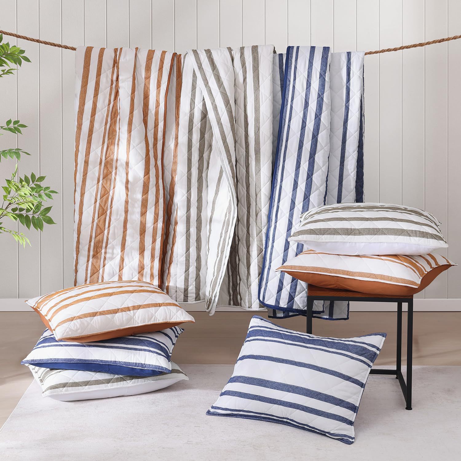 Striped Microfiber Quilted Bedspread Set with Diamond Stitch – Soft, Breathable & Easy-Care 3-Piece Bedspread Set