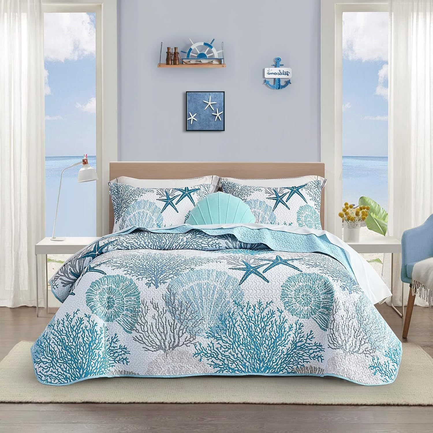 Microfiber Quilted Bedspread Set with Ocean-Inspired Ultrasonic Design – Soft, Breathable & Easy-Care 3-Piece Bedspread Set