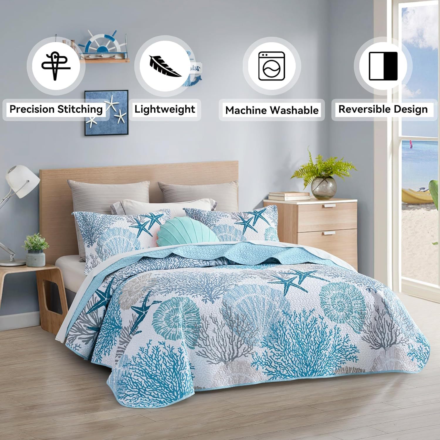 Microfiber Quilted Bedspread Set with Ocean-Inspired Ultrasonic Design – Soft, Breathable & Easy-Care 3-Piece Bedspread Set