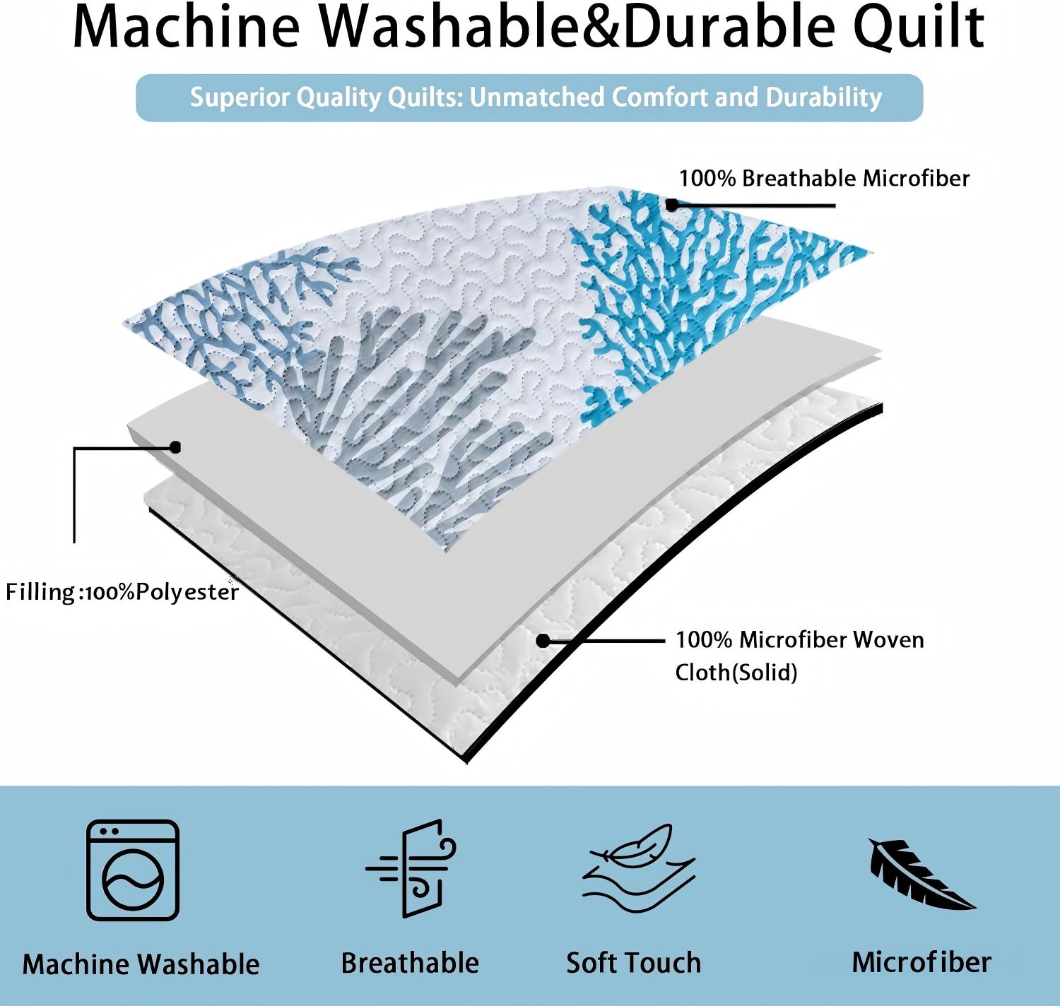 Microfiber Quilted Bedspread Set with Ocean-Inspired Ultrasonic Design – Soft, Breathable & Easy-Care 3-Piece Bedspread Set