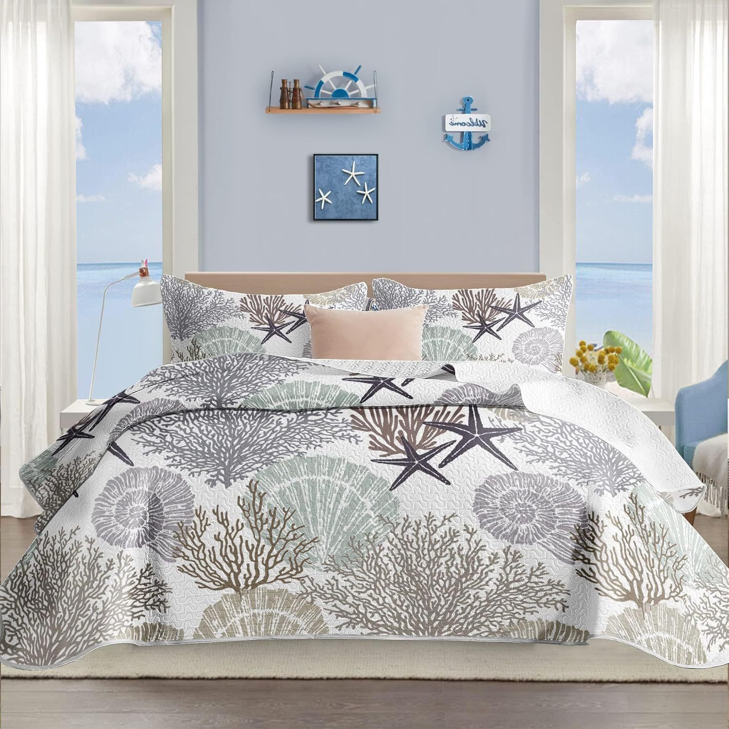 Microfiber Quilted Bedspread Set with Ocean-Inspired Ultrasonic Design – Soft, Breathable & Easy-Care 3-Piece Bedspread Set