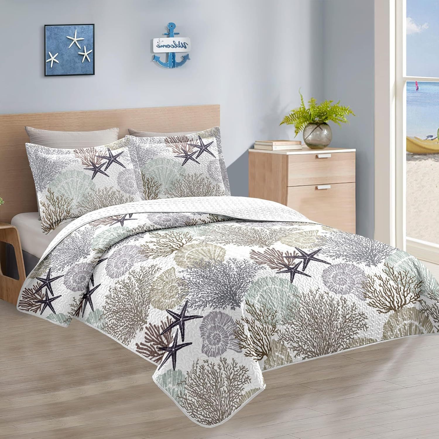 Microfiber Quilted Bedspread Set with Ocean-Inspired Ultrasonic Design – Soft, Breathable & Easy-Care 3-Piece Bedspread Set