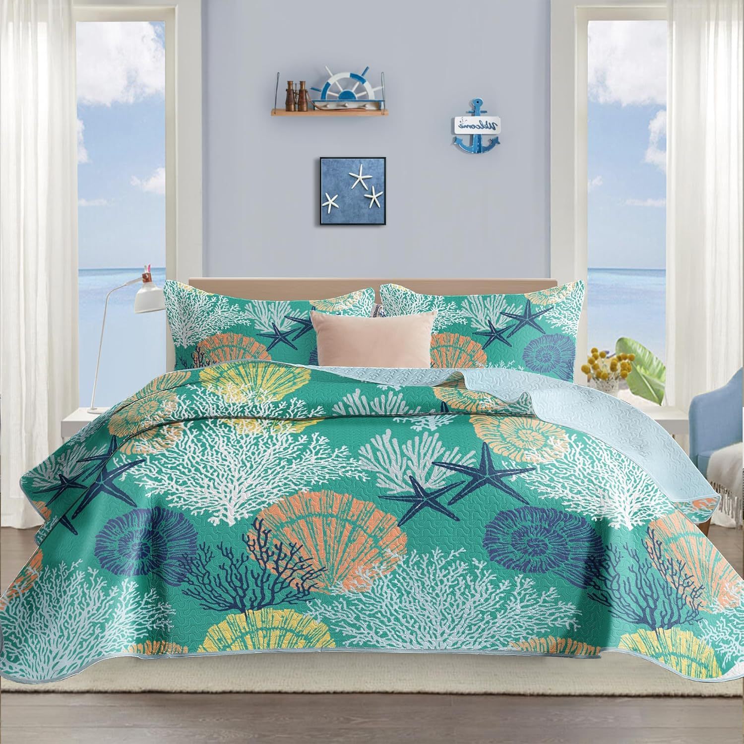 Microfiber Quilted Bedspread Set with Ocean-Inspired Ultrasonic Design – Soft, Breathable & Easy-Care 3-Piece Bedspread Set