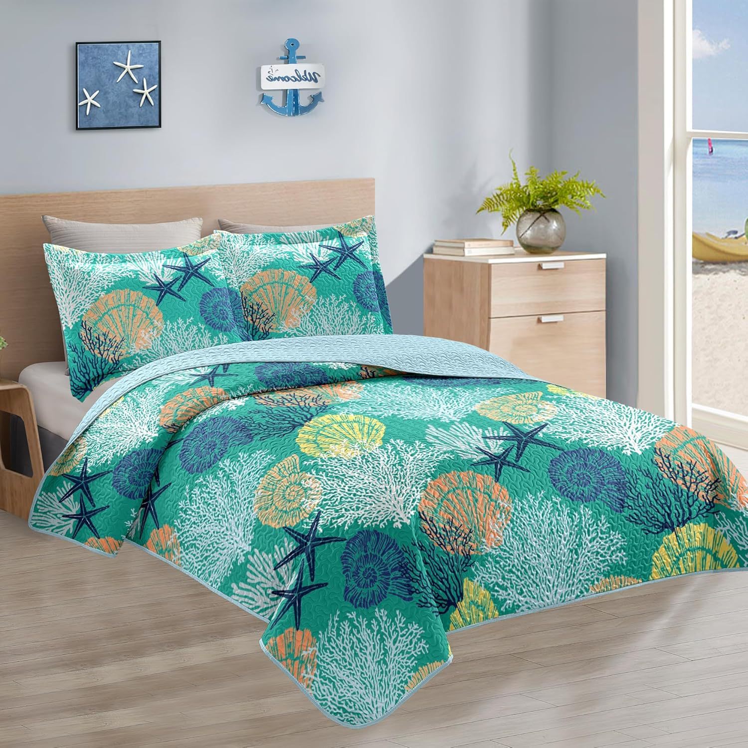 Microfiber Quilted Bedspread Set with Ocean-Inspired Ultrasonic Design – Soft, Breathable & Easy-Care 3-Piece Bedspread Set
