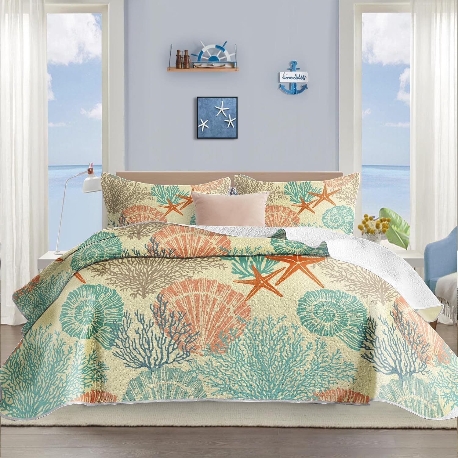 Microfiber Quilted Bedspread Set with Ocean-Inspired Ultrasonic Design – Soft, Breathable & Easy-Care 3-Piece Bedspread Set