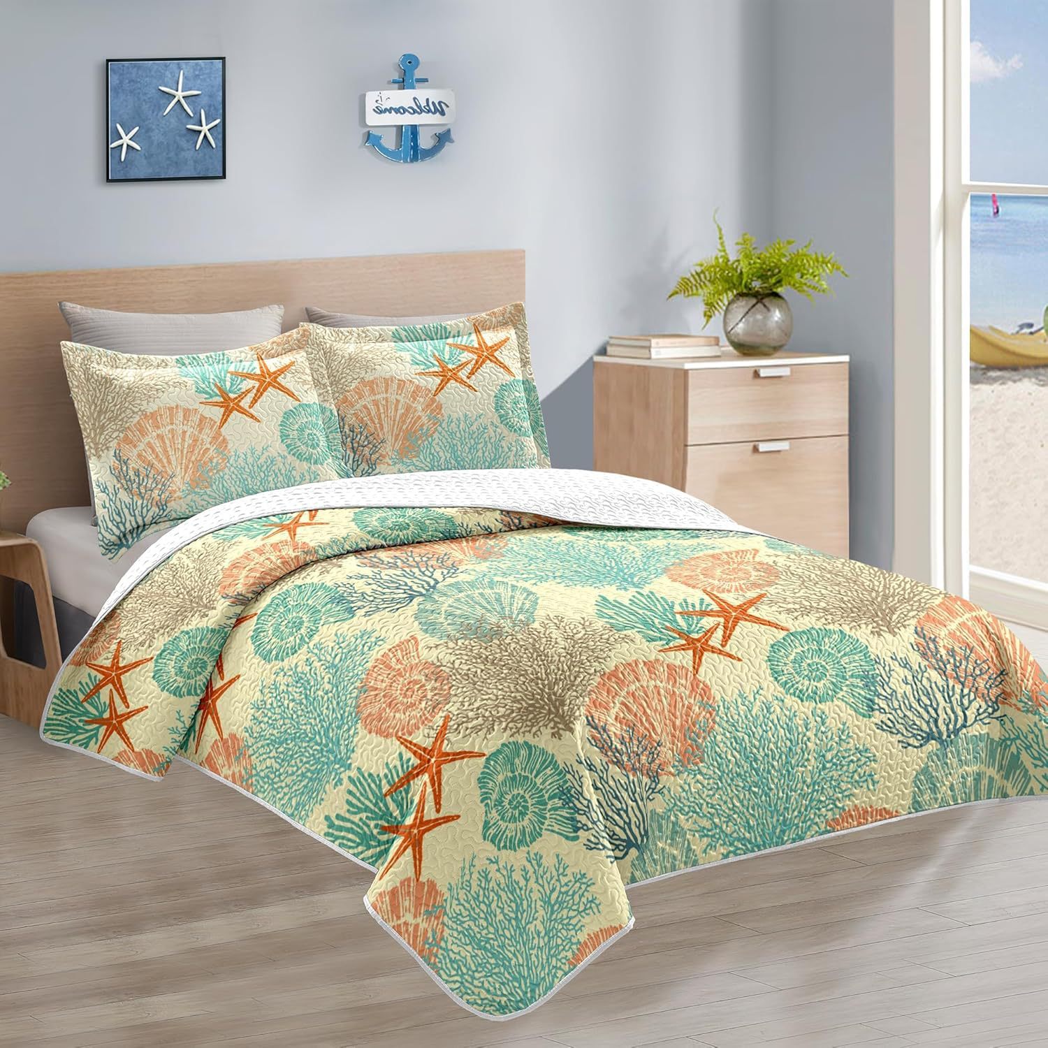 Microfiber Quilted Bedspread Set with Ocean-Inspired Ultrasonic Design – Soft, Breathable & Easy-Care 3-Piece Bedspread Set