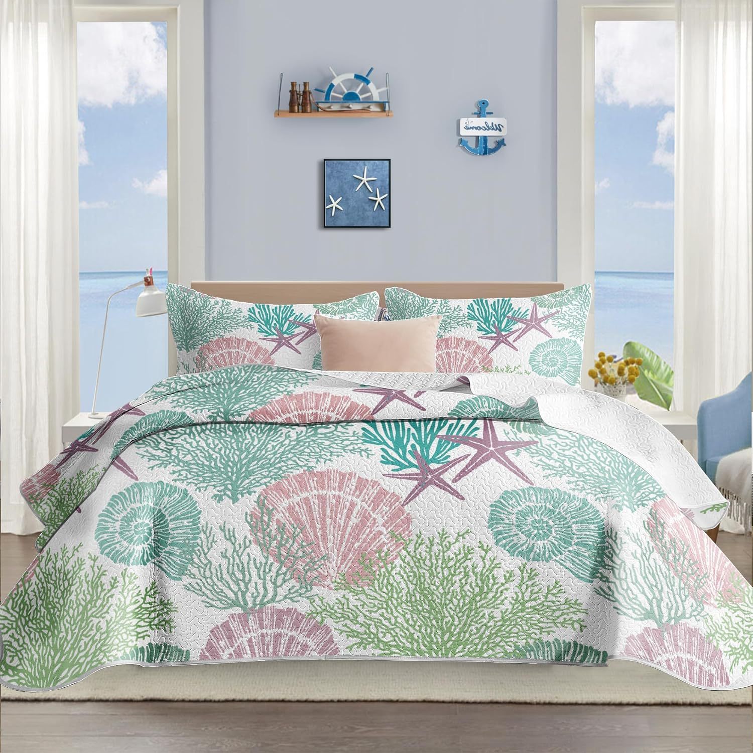 Microfiber Quilted Bedspread Set with Ocean-Inspired Ultrasonic Design – Soft, Breathable & Easy-Care 3-Piece Bedspread Set