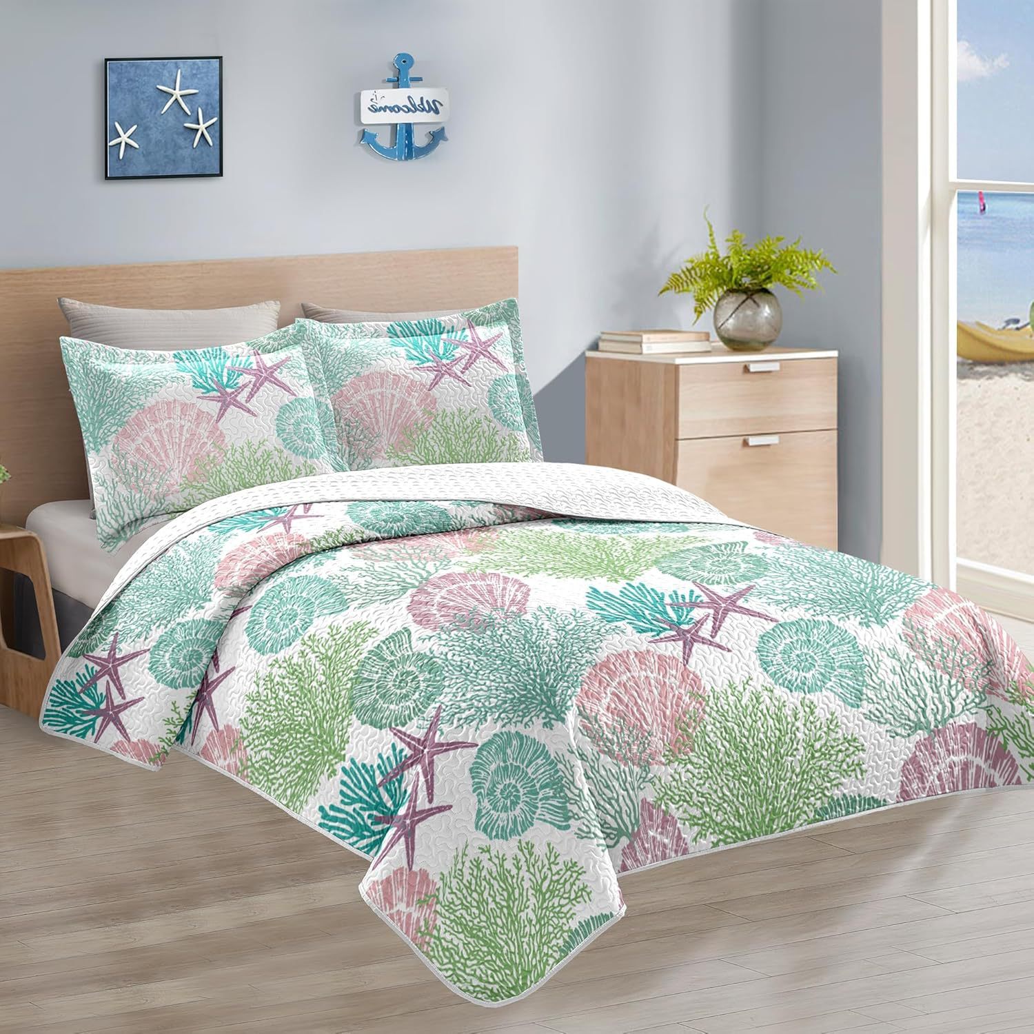 Microfiber Quilted Bedspread Set with Ocean-Inspired Ultrasonic Design – Soft, Breathable & Easy-Care 3-Piece Bedspread Set