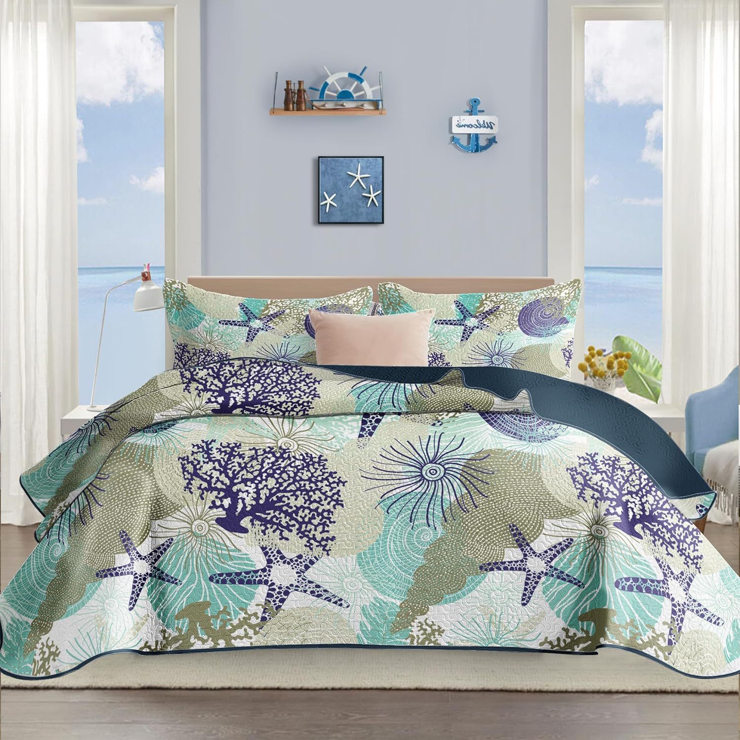 Microfiber Quilted Bedspread Set with Ocean-Inspired Ultrasonic Design – Soft, Breathable & Easy-Care 3-Piece Bedspread Set