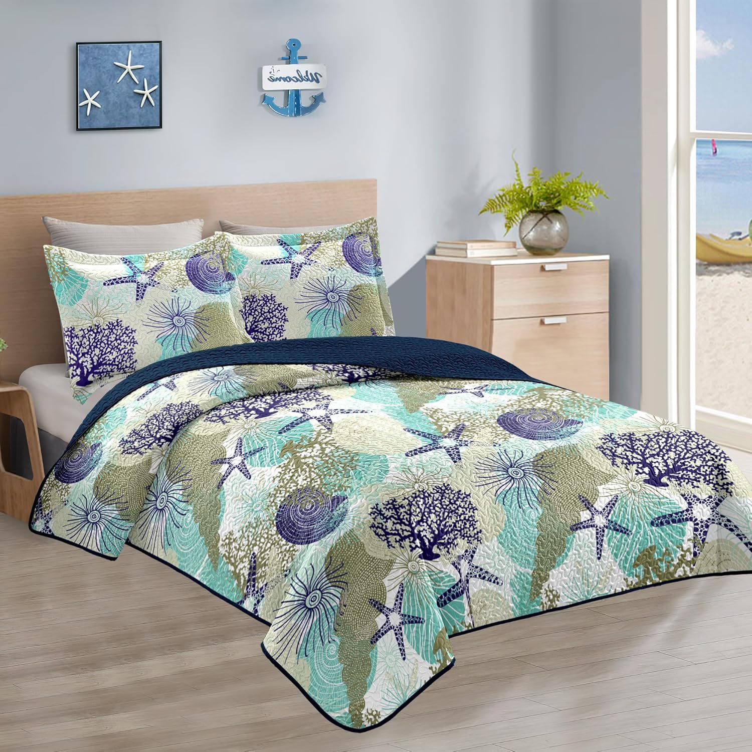 Microfiber Quilted Bedspread Set with Ocean-Inspired Ultrasonic Design – Soft, Breathable & Easy-Care 3-Piece Bedspread Set