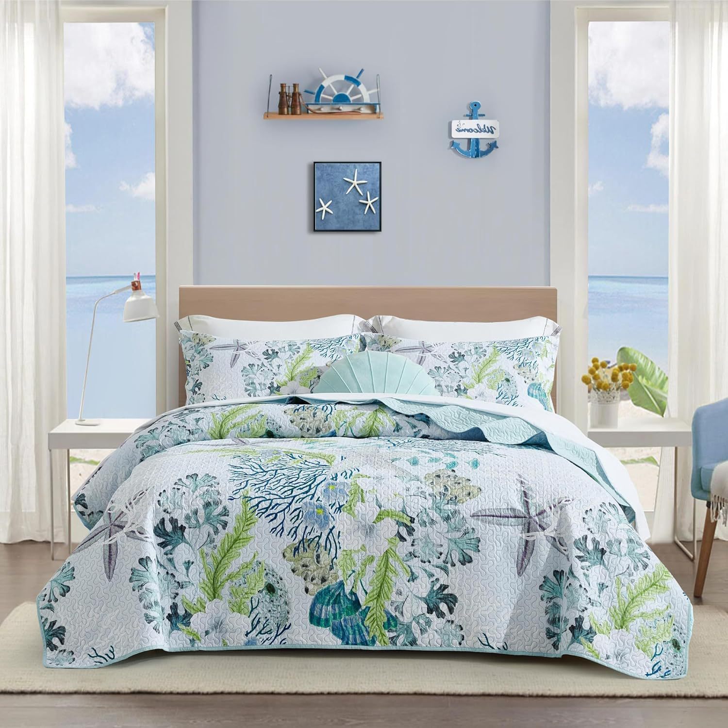 Microfiber Quilted Bedspread Set with Ocean-Inspired Ultrasonic Design – Soft, Breathable & Easy-Care 3-Piece Bedspread Set