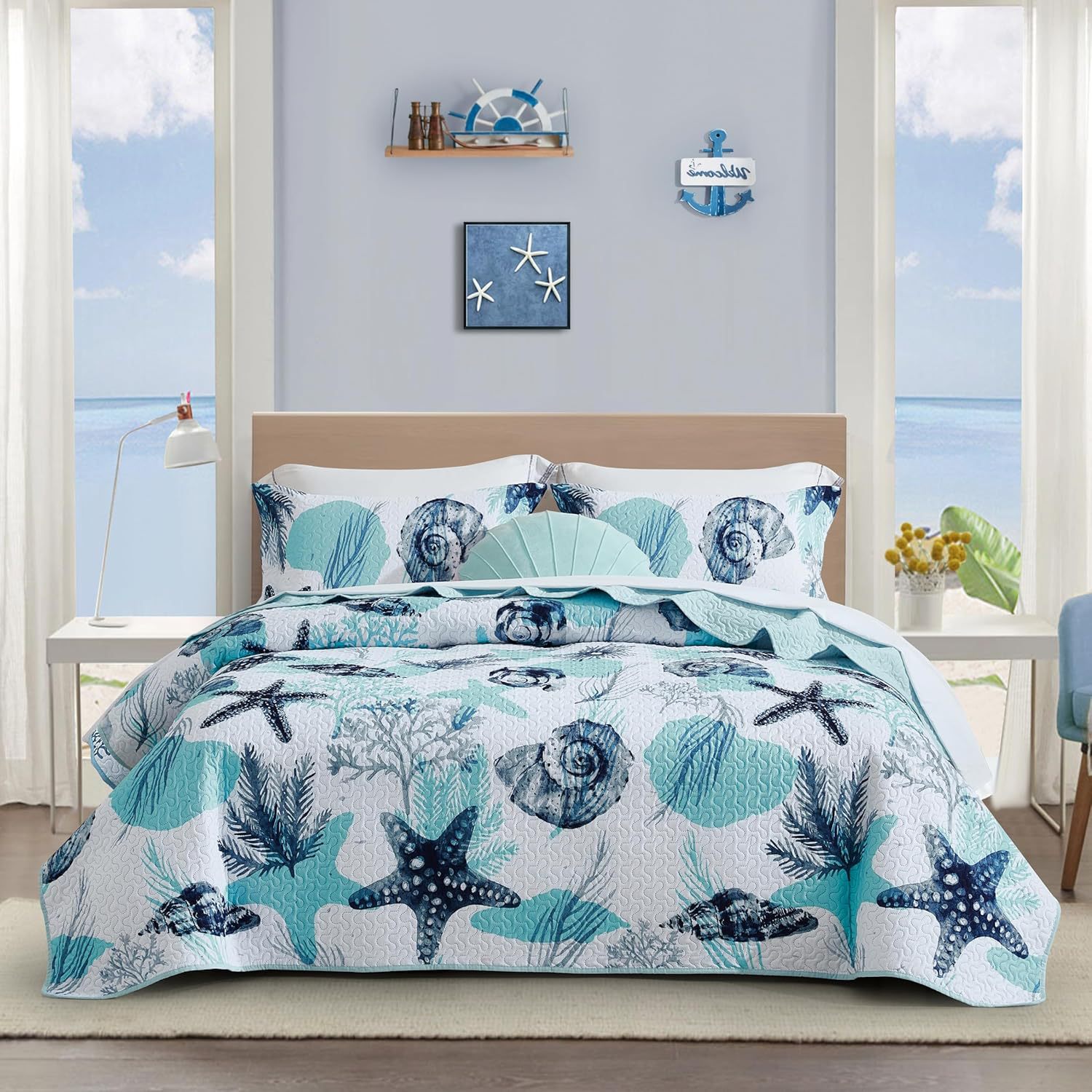Microfiber Quilted Bedspread Set with Ocean-Inspired Ultrasonic Design – Soft, Breathable & Easy-Care 3-Piece Bedspread Set